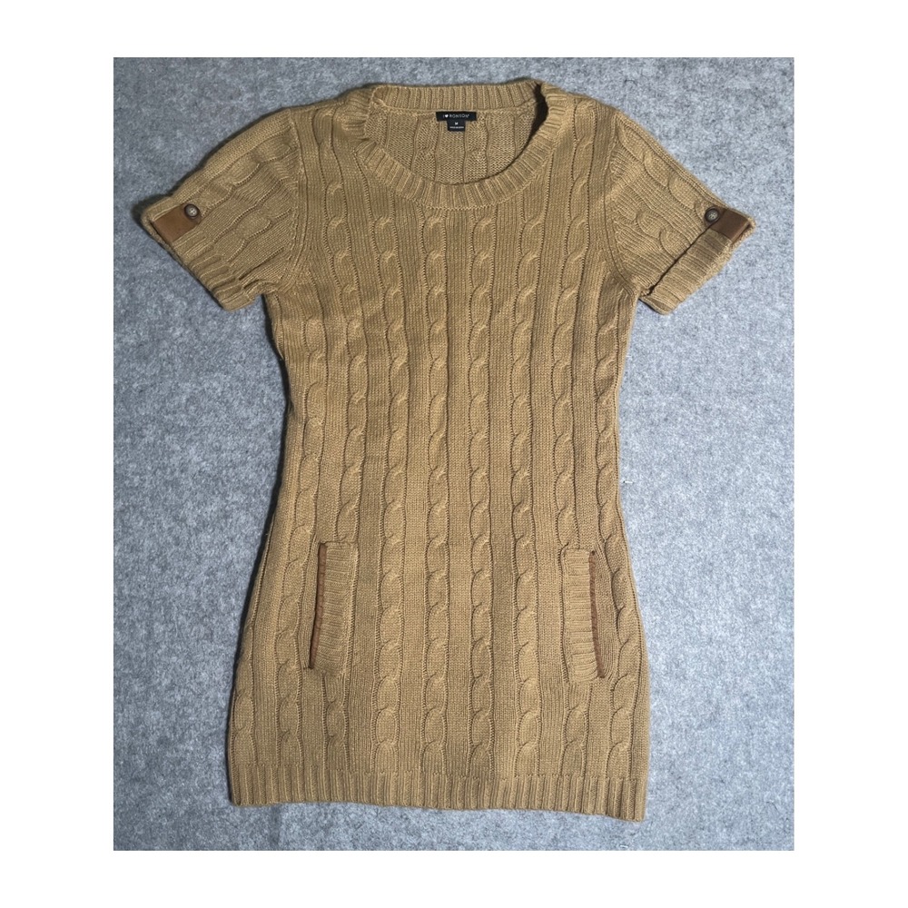 I Heart Ronson Womens Camel Tan Cable Knit Short Sleeve Tunic Sweater Size M